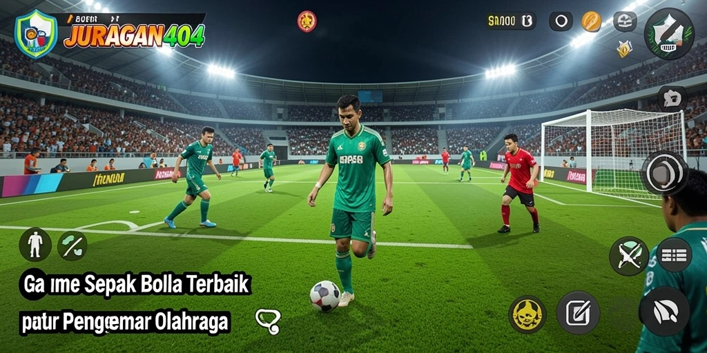 Tampilan utama gameplay <strong>JURAGAN404</strong> di lapangan sepak bola yang seru.