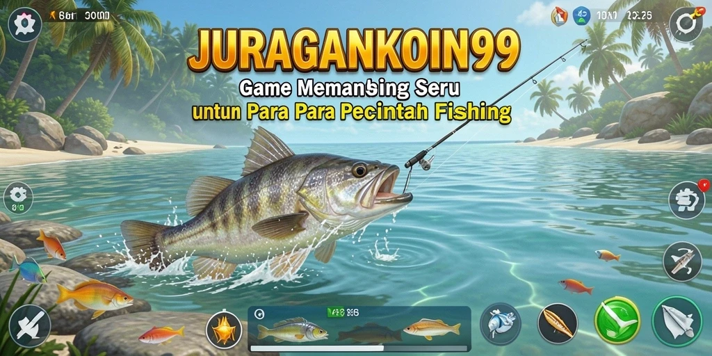 Tampilan gameplay JURAGANKOIN99 saat memancing di laut yang indah.