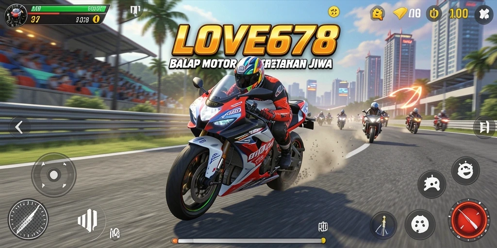 Tampilan gameplay LOVE678 dengan aksi balap motor yang mendebarkan.
